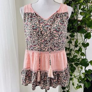 Wonderly Pink Floral Tiered Boho Hippie Babydoll Sleeveless Blouse - Small